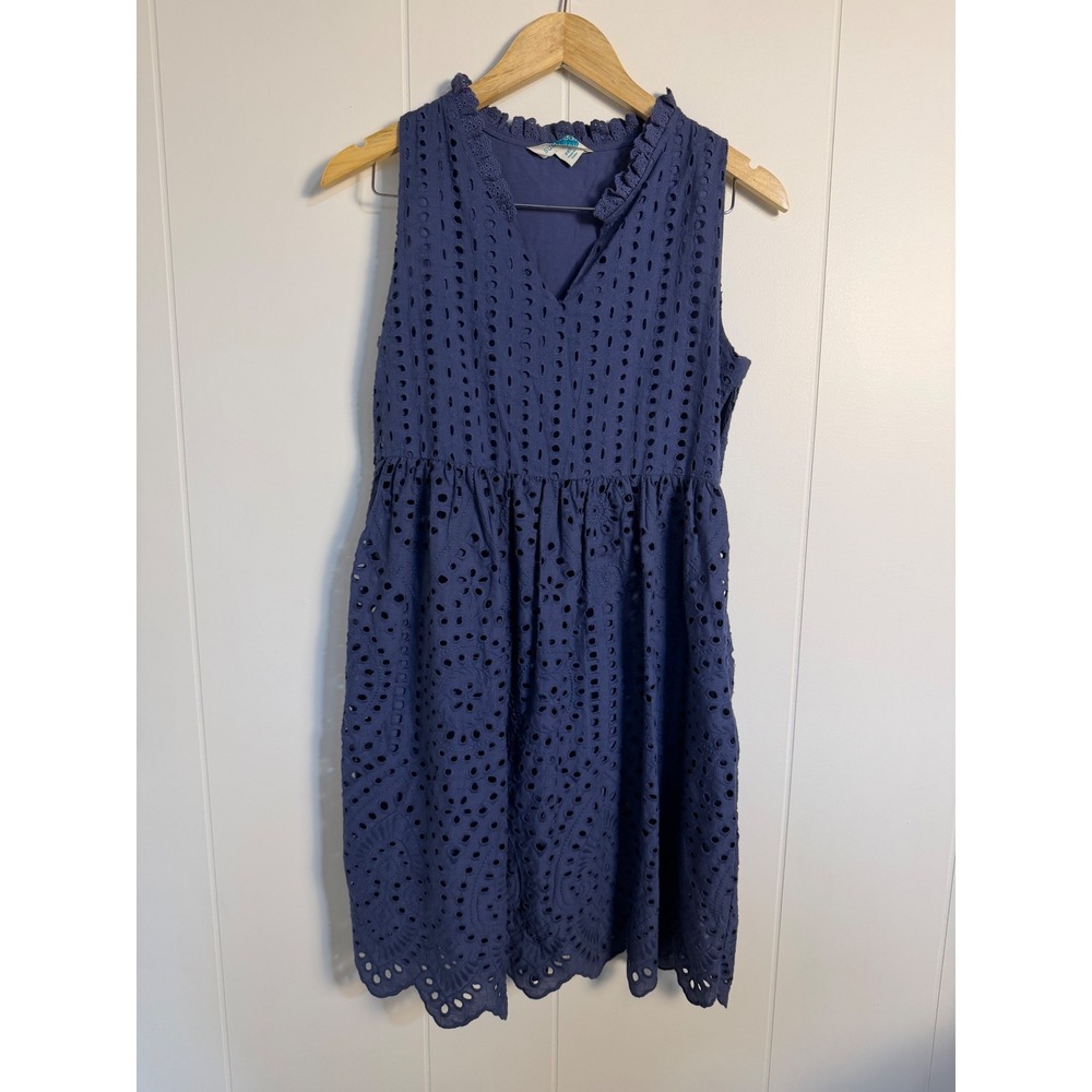Sundance Sleeveless Dress PXS Blue Eyelet Ruffle V-Neck Boho Scalloped Hem‎